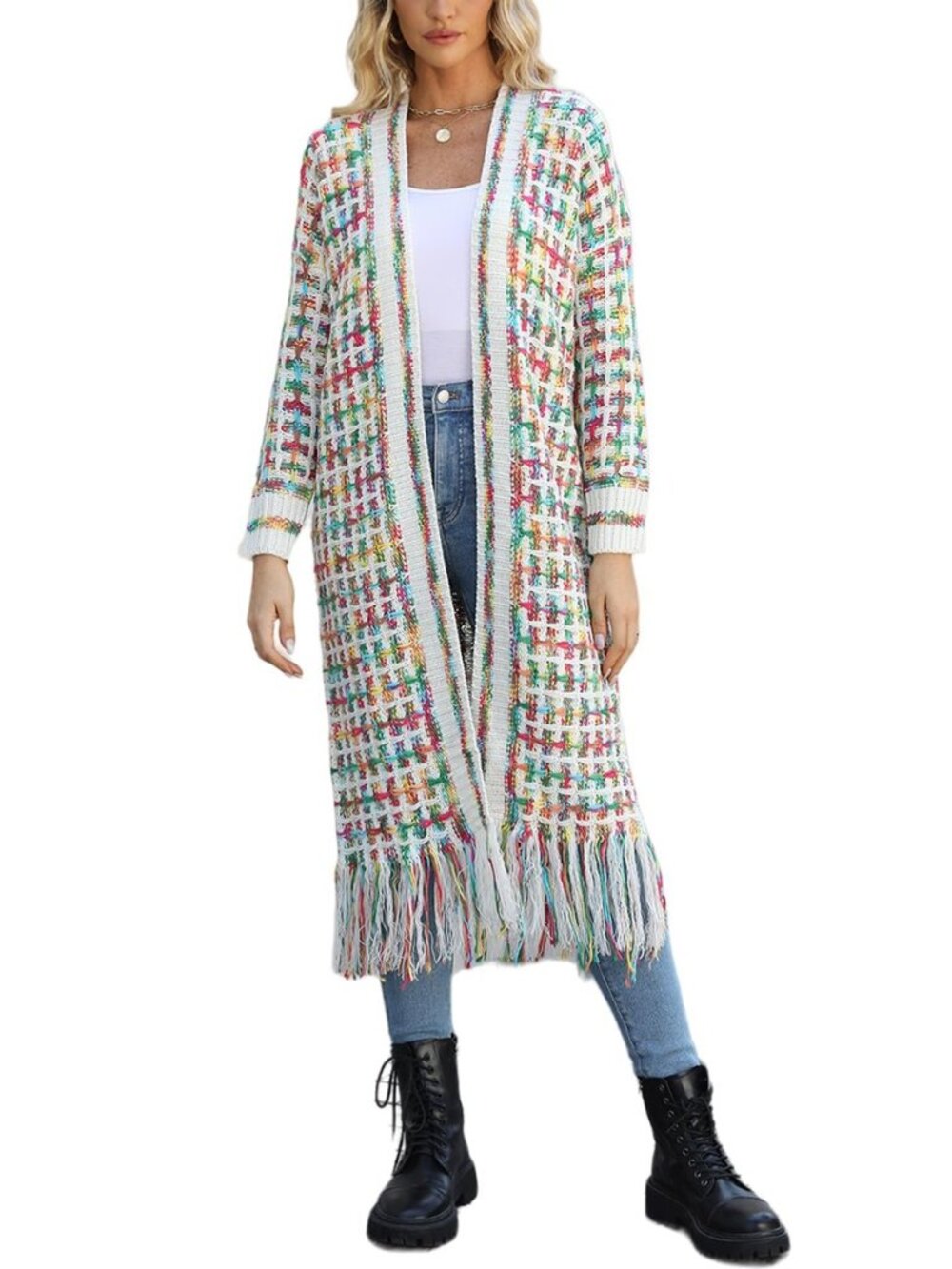 Womens Boho Cardigan Sweater Open Front Fringed Tassels Aztec Maxi Cardigan - Picture 8 of 8